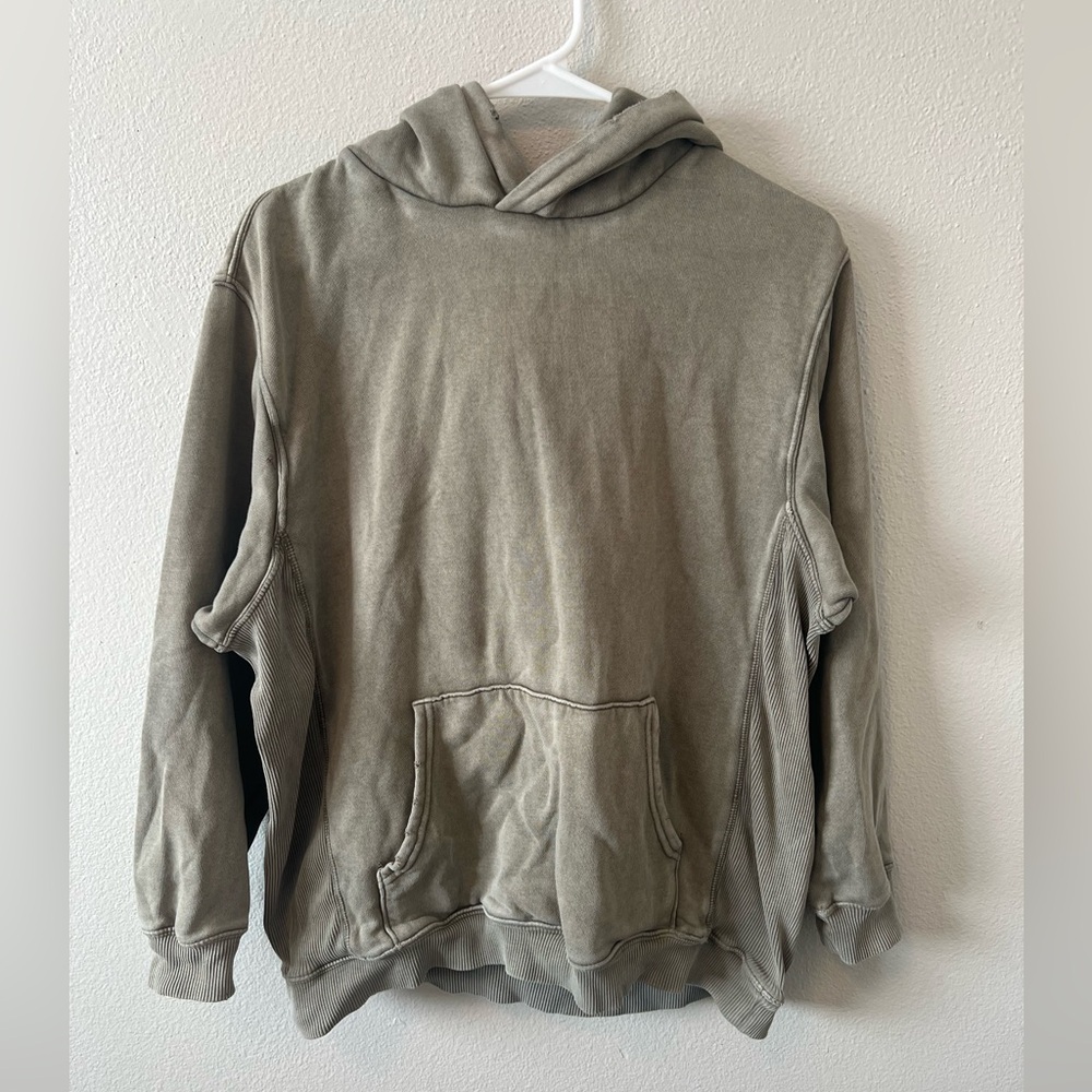 Aerie Oversized Boyfriend Hoodie in Olive Green Ribbed Cozy Comfy Distressed